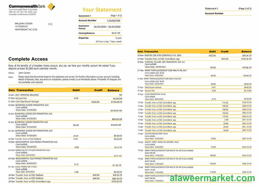 Australia Commonwealth bank statement template in Word and PDF format (3 pages), version 2